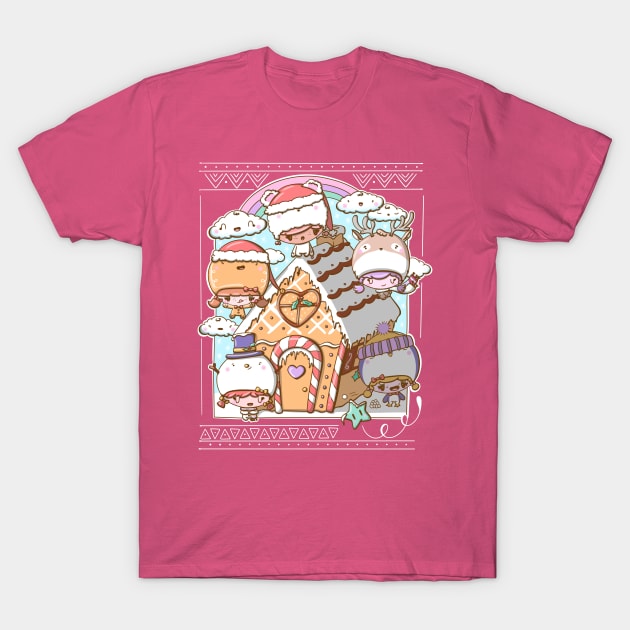 Festive gingerbread house with bubble head cuties T-Shirt by studiomogwai